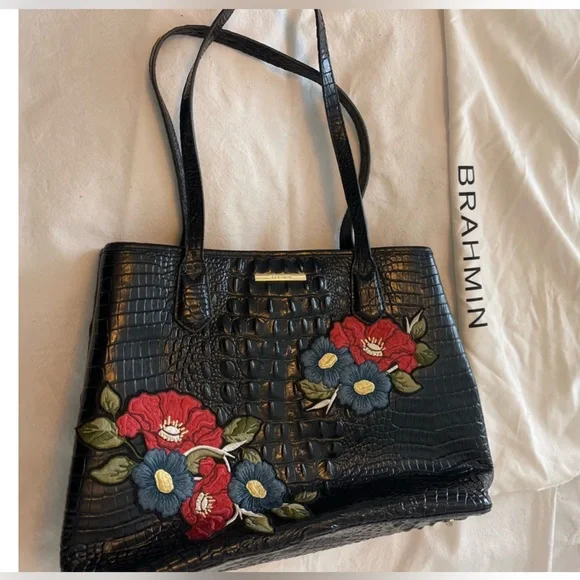 Brahmin Medium Julian Tote Black Bluewood Applique red blue green - Picture 5 of 16